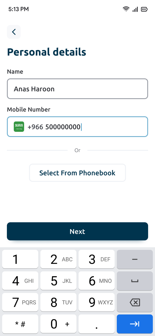 EdenPay personal-details screen in English, laid out left to right