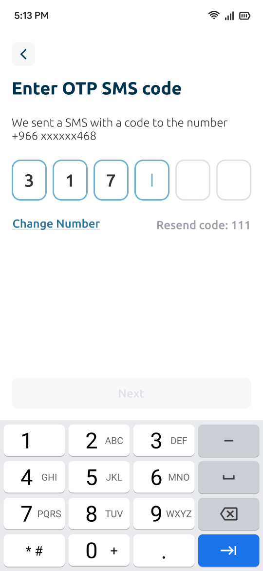 EdenPay OTP code-entry screen in English