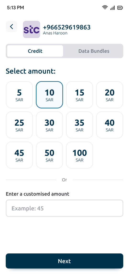 EdenPay recharge amount-selection screen in English