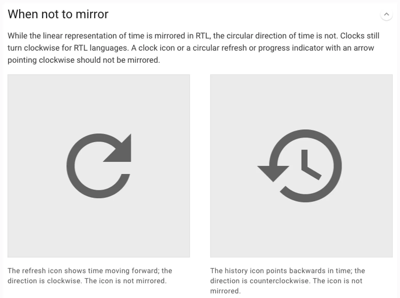 A refresh icon and a history-with-clock icon, neither mirrored in RTL because their direction is tied to the real-world direction of time