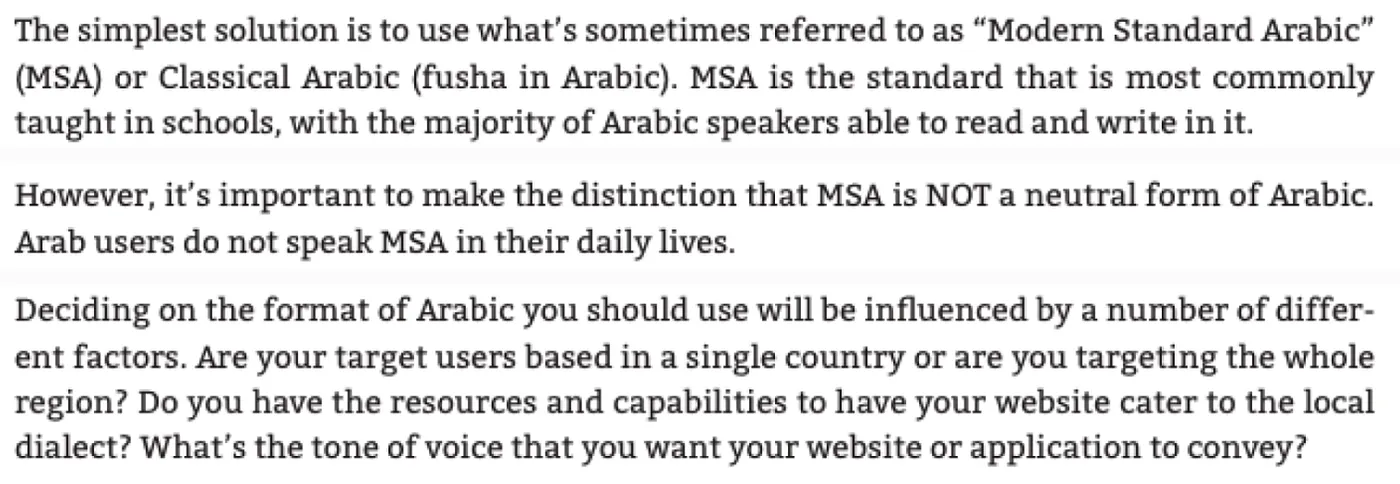 Notes on choosing Modern Standard Arabic versus dialect, and that MSA is standard but not the neutral everyday spoken form