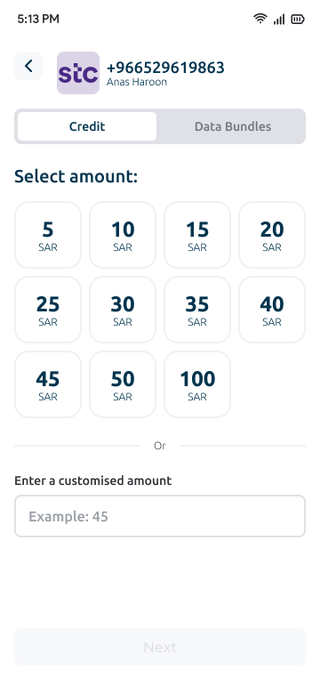 STC top-up screen in English, left to right