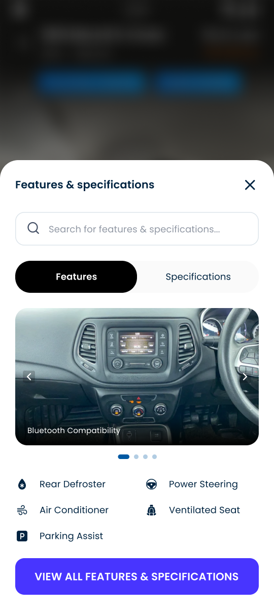 Searchable features and specifications bottom sheet