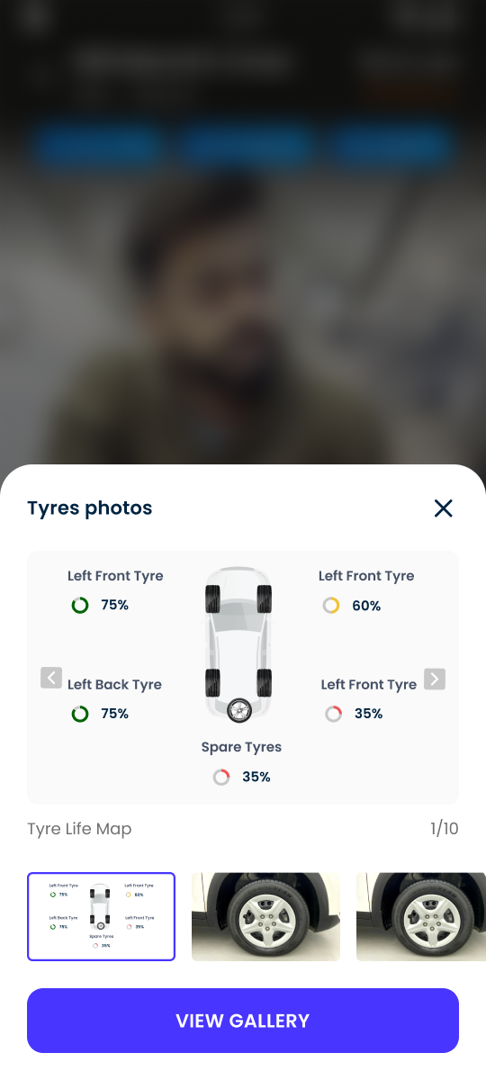 Tyre-life map bottom sheet with per-wheel percentages and photos