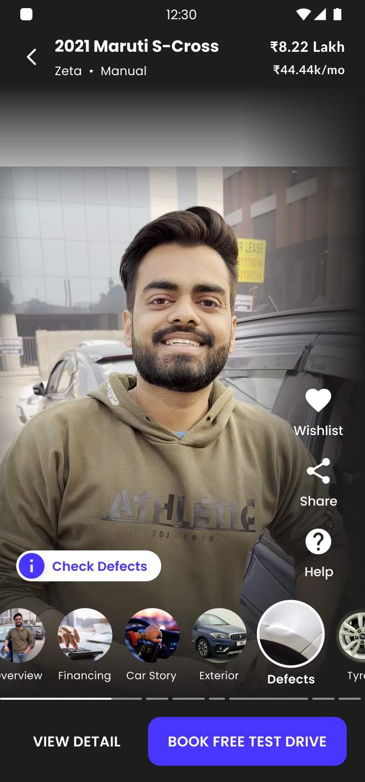 Cars24, video-first car detail page for a 2021 Maruti S-Cross