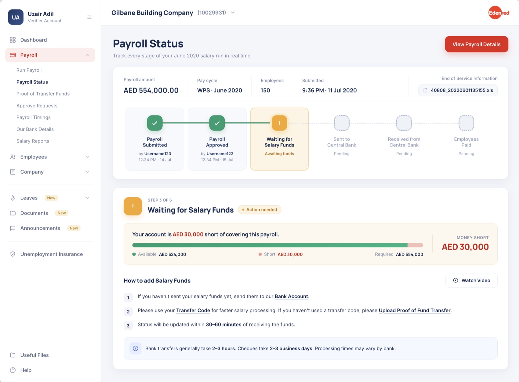 New action-needed step showing the exact shortfall and how to resolve it