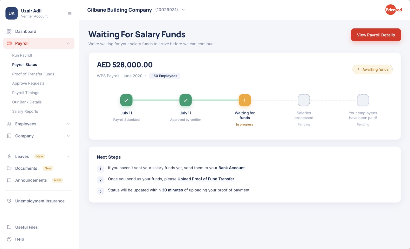 Old waiting-for-funds screen with a generic next-steps list