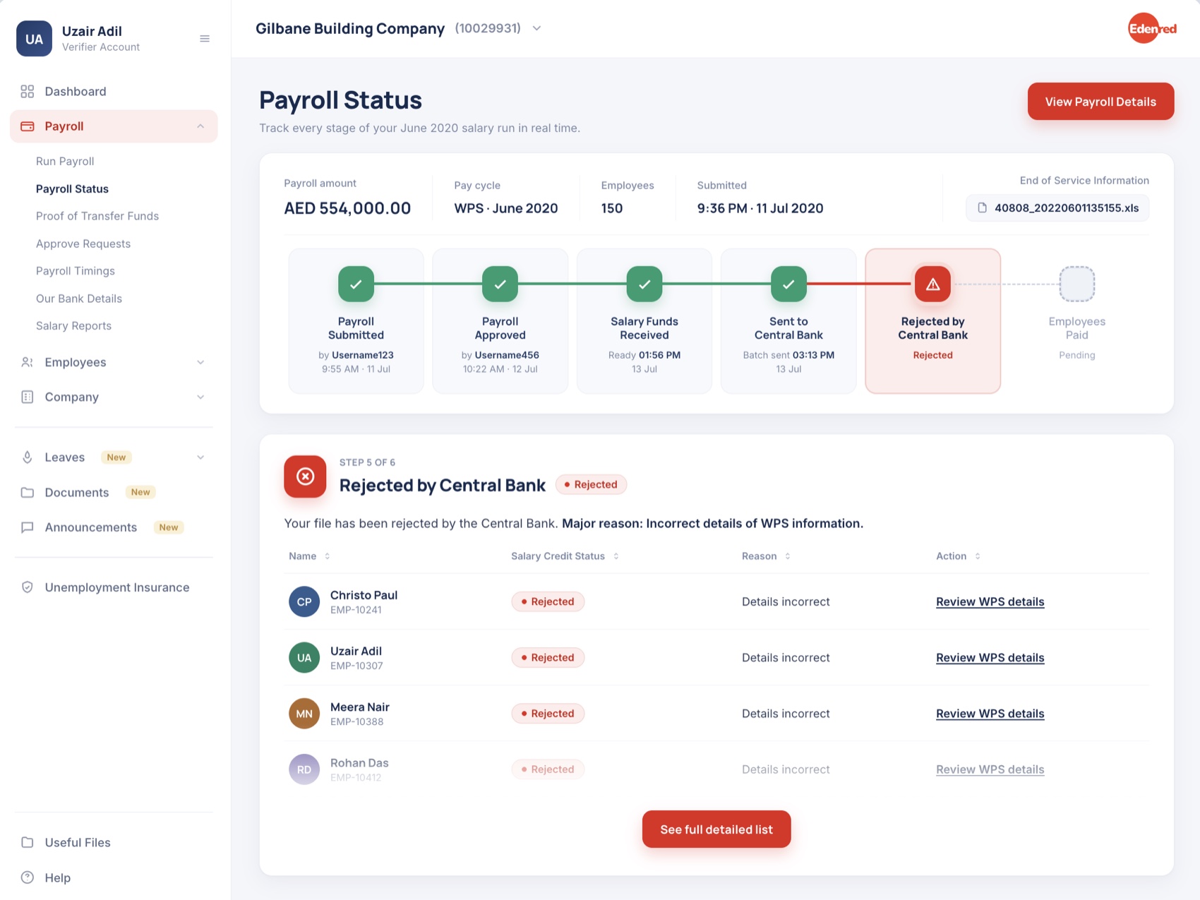 New rejection screen with a per-employee table, reasons and review actions