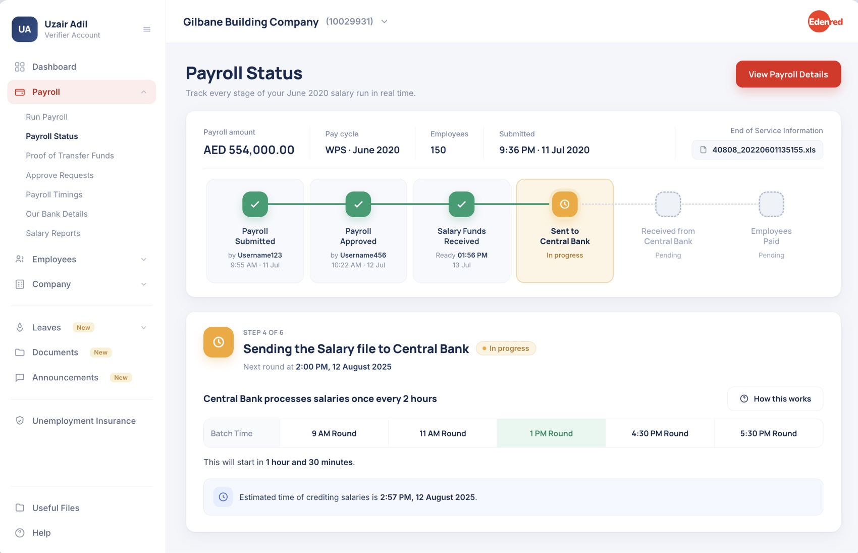 New WPS-specific step showing Central Bank batch windows and estimated crediting time