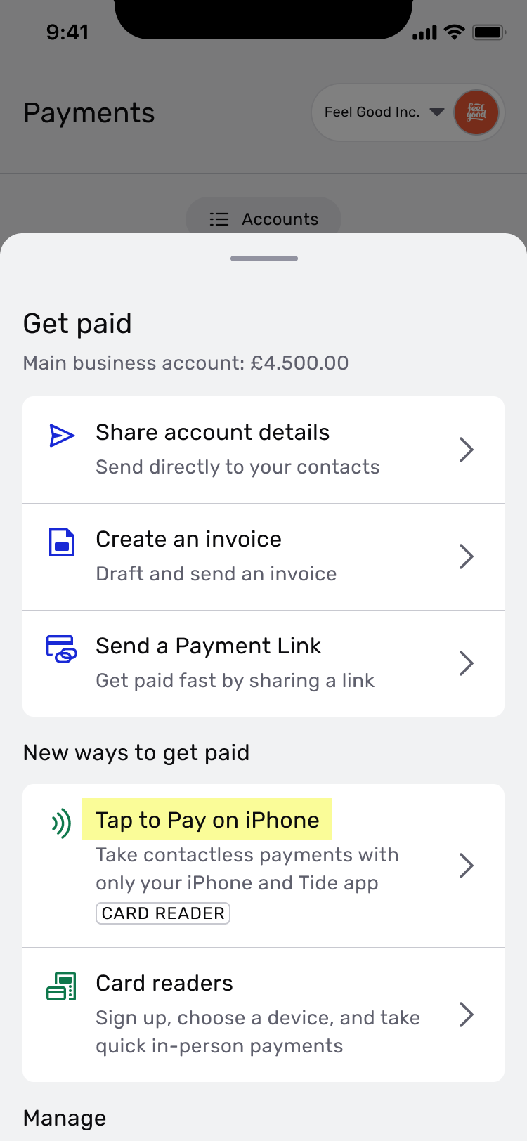 Tide Get Paid list with the full name Tap to Pay on iPhone
