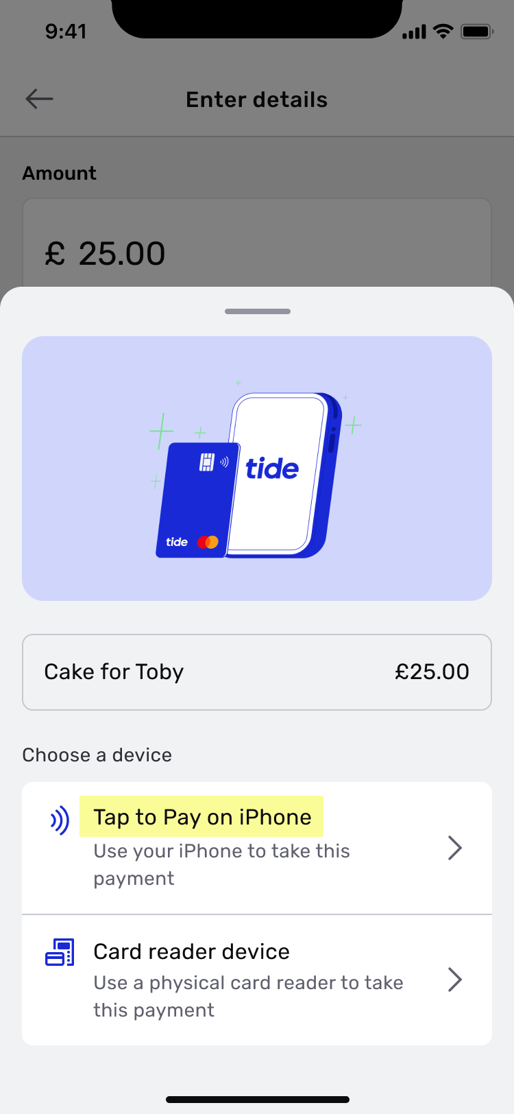 Choose a device screen naming Tap to Pay on iPhone in full