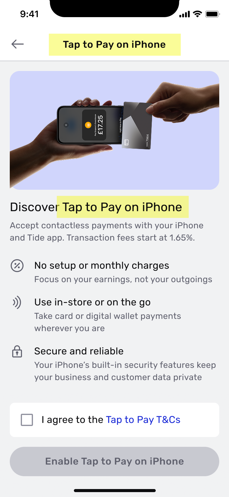 Onboarding screen with the full Tap to Pay on iPhone name in the title and button