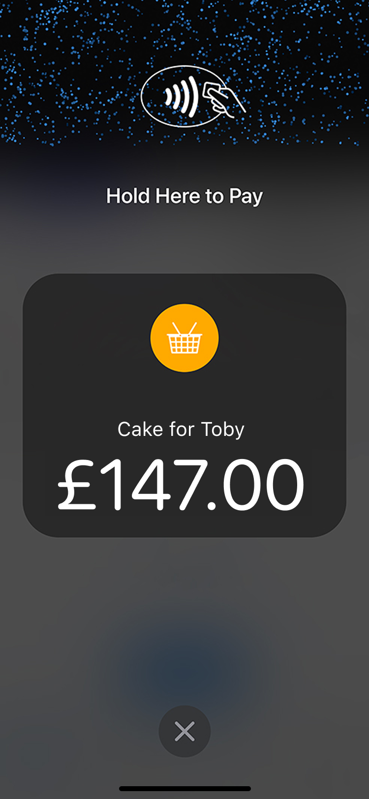 Apple native Hold Here to Pay screen showing a £147.00 charge