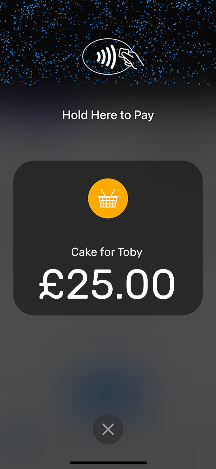 Apple native Hold Here to Pay screen showing a £25.00 charge