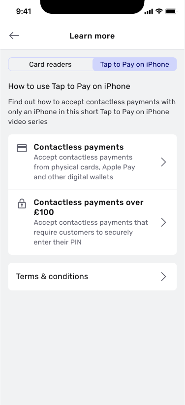 Learn more screen with a Contactless payments row that opens a video