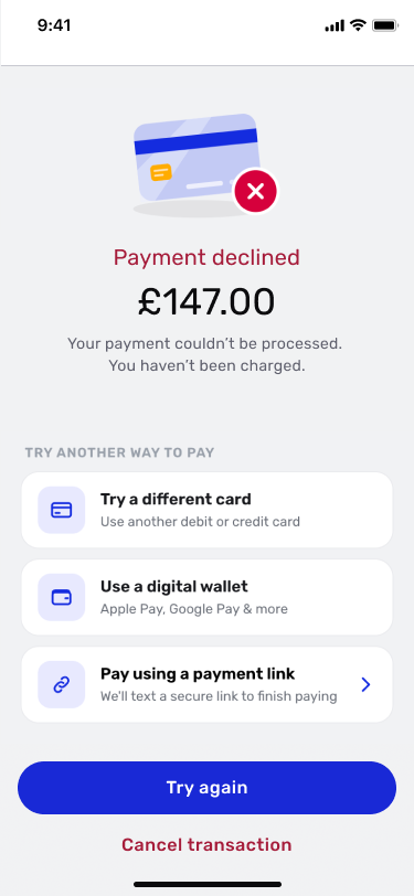 Payment declined screen offering another card, a digital wallet, or a payment link