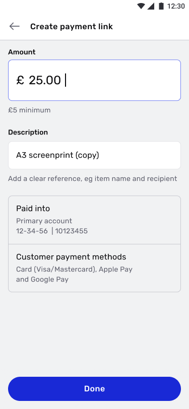 Create payment link screen to send a secure link to finish paying