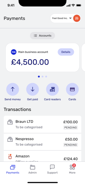 Tide Payments home with account balance and Get paid