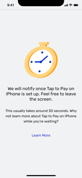 Setting up Tap to Pay, provisioning takes about 30 seconds