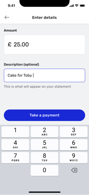 Enter a small payment amount and an optional description