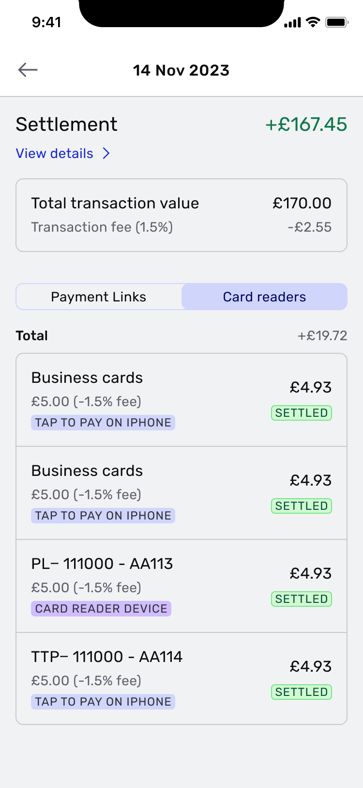 Settlement detail showing total transaction value, fees and settled items