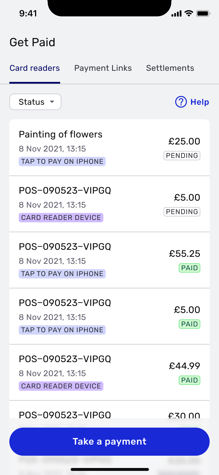 Transactions list with Tap to Pay, card reader and payment link entries